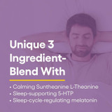 Man sleeping, unique 3 ingredient blend Suntheanine 5-HTP melatonin graphic