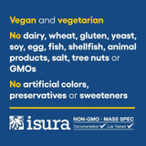 Vegan vegetarian non-GMO free-from list with isura lab-tested seal
