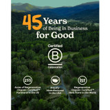 Forest aerial view, Herb Pharm 45 years of being in business for good graphic with B Corp logo