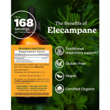 Elecampane label with supplement facts, up to 168 servings per 4 oz bottle, gluten-free, vegan and organic icons