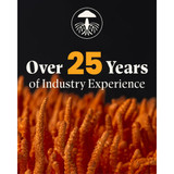 Over 25 years of industry experience graphic over Cordyceps mushrooms