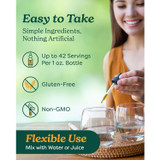 Woman adding extract to water, Easy to Take graphic with free-from callouts