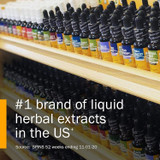 Rows of Herb Pharm extract bottles on a wooden store display