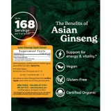 Asian Ginseng supplement facts, up to 168 servings per 4 oz, with vegan, gluten-free and organic icons