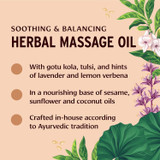 Soothing and balancing herbal massage oil graphic with gotu kola, tulsi, lavender and lemon verbena