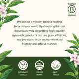 Banyan Botanicals mission graphic with sustainably sourced, organic and fairly traded icons