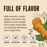 Full of flavor graphic with turmeric cumin ginger and free-from icons