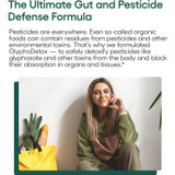 Woman in a garden with shovel, gut and pesticide defense graphic
