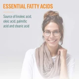 Smiling woman with glasses, essential fatty acids source graphic