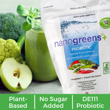 NanoGreens Plus green apple pouch beside smoothie apple and broccoli