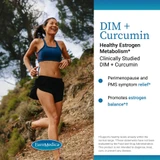 Woman running outdoors, DIM plus Curcumin estrogen balance graphic