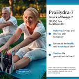 Older couple stretching outdoors, ProHydra-7 sea buckthorn oil benefits graphic