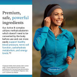 Woman in athletic jacket smiling, Active B Complex methylcobalamin benefits graphic