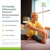 Woman stretching on a mat with PEA exercise recovery and joint support callouts