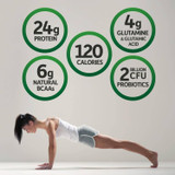 Woman in a plank, 24 g protein, 120 calories, 6 g BCAAs and 2 billion CFU icons