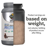 Cutaway tub showing powder settling, servings based on weight not volume