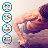 Man doing push-ups with dumbbells, 30 g plant protein, BCAAs, glutamine and probiotics icons