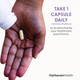 Hand holding a capsule, take 1 capsule daily graphic