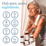 Woman with Metabolic Maintenance bottles and only pure, active ingredients icons