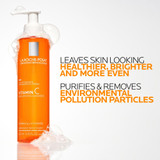 Cleanser bottle with healthier, brighter skin benefit text