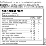 Zinc & Throat Guard supplement facts panel, 1 lozenge serving, 50 servings