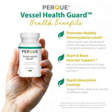 Hand holding Perque Vessel Health Guard bottle with product highlights
