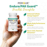 Hand holding the bottle, Endura/PAK Guard health benefits graphic