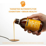 Cod Liver Oil+ pouring into a spoon, cognition and brain health graphic