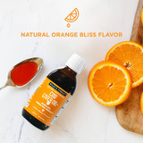 Cod Liver Oil+ natural Orange Bliss flavor with spoon and oranges