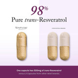 Reserveage capsule beside two capsules from other brands, 98% pure trans-resveratrol graphic