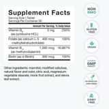 Active B-Complex supplement facts with non-GMO, gluten free, vegan and dairy free icons