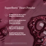 Heart Powder graphic with four callouts over beet drink bubbles