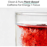 Red powder dissolving in a glass of water with caffeine text