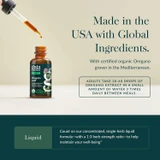Dropper of oregano extract, made in USA Mediterranean oregano dosage graphic