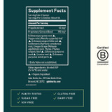 Throat Spray supplement facts with purity-tested and free-from callouts