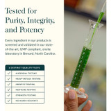 Lab technician with a pipette, tested for purity, integrity and potency graphic
