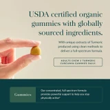 Fingers holding a gummy, USDA certified organic gummies with globally sourced ingredients graphic