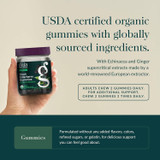 Hand holding Extra Strength gummies bottle, USDA organic echinacea ginger dosage graphic
