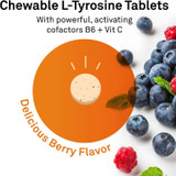 Chewable L-tyrosine tablet with blueberries and raspberries, delicious berry flavor graphic