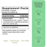 Supplement facts for Calm CP with vegan and non-GMO icons