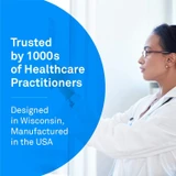 Scientist at a microscope, trusted by healthcare practitioners, made in the USA graphic