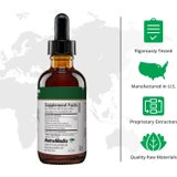 Dropper bottle side with rigorously tested manufactured in US quality icons