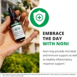 Hand holding Noni bottle, embrace the day microbial immune graphic