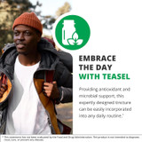 Man outdoors in winter, embrace the day with Teasel support graphic