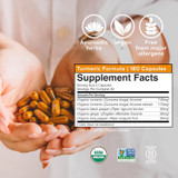 Turmeric Formula 180-count hands with capsules, facts and USDA Non-GMO B Corp logos