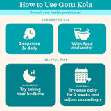 How to use Gotu Kola 2 capsules twice daily with food and water graphic