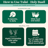 How to use Tulsi Holy Basil 3 capsules once daily with food and water graphic