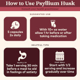 How to use Organic India psyllium husk capsules, suggested use and tips graphic
