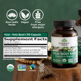 Tulsi Holy Basil 90 bottle with facts and organic Fairtrade certification logos