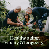 Three generations gardening together, healthy aging, vitality and longevity graphic